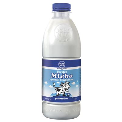 Mléko polotučné čerstvé láhev 1,5% chlazené 6x1l Bohemilk